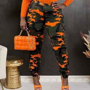 Orange Fitted camo cargo sheath pants women structured FTF Market UK