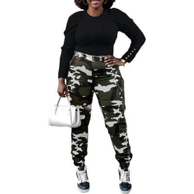 Black Fitted camo cargo sheath pants women structured FTF Market UK
