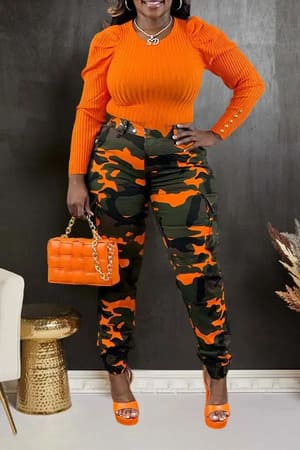 Orange Fitted camo cargo sheath pants women structured FTF Market UK
