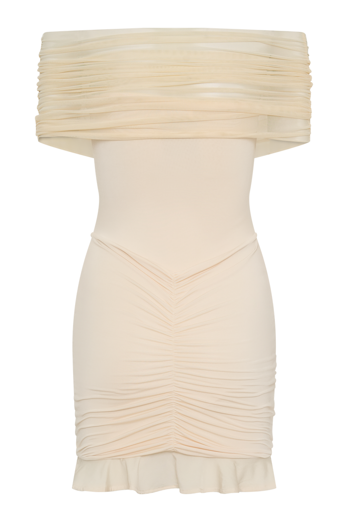 Caspian Slinky And Mesh Off Shoulder Mini Dress - Ivory