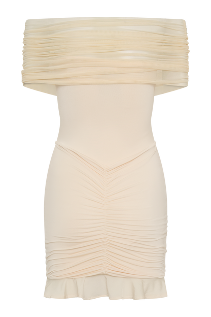 Caspian Slinky And Mesh Off Shoulder Mini Dress - Ivory