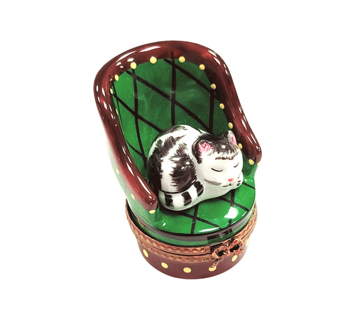 Cat in Green Chair Limoges Box Porcelain Limoges cat furniture French Trinket Box