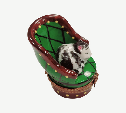 Cat in Green Chair Limoges Box Porcelain Limoges cat furniture French Trinket Box