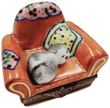 Cat In Cozy Armchair Limoges Box Porcelain Limoges cat furniture French Trinket Box