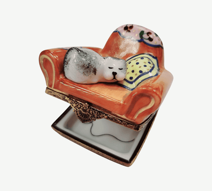 Cat In Cozy Armchair Limoges Box Porcelain Limoges cat furniture French Trinket Box
