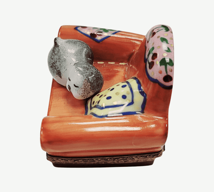 Cat In Cozy Armchair Limoges Box Porcelain Limoges cat furniture French Trinket Box