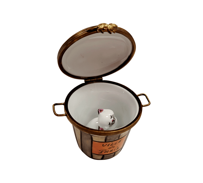 Adorable Cat in Trashcan Figurine Porcelain Limoges cat French Trinket Box