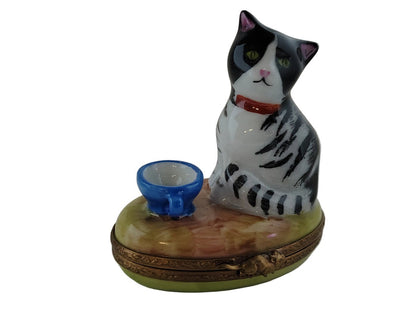 Cat with a Blue Cup Porcelain Limoges Box