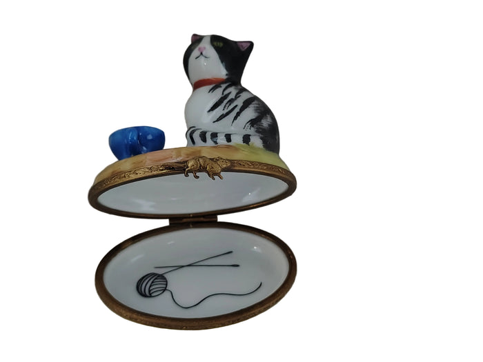 Cat with a Blue Cup Porcelain Limoges Box