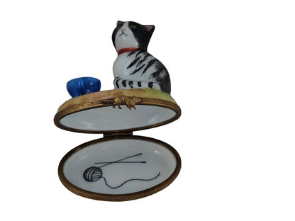 Cat with a Blue Cup Porcelain Limoges Box