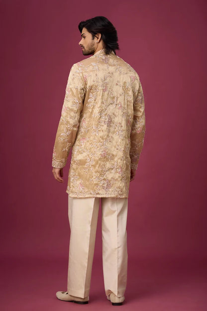 Champagne Beige Floral Kurta Pajama Set – Front View | Mahavir NX