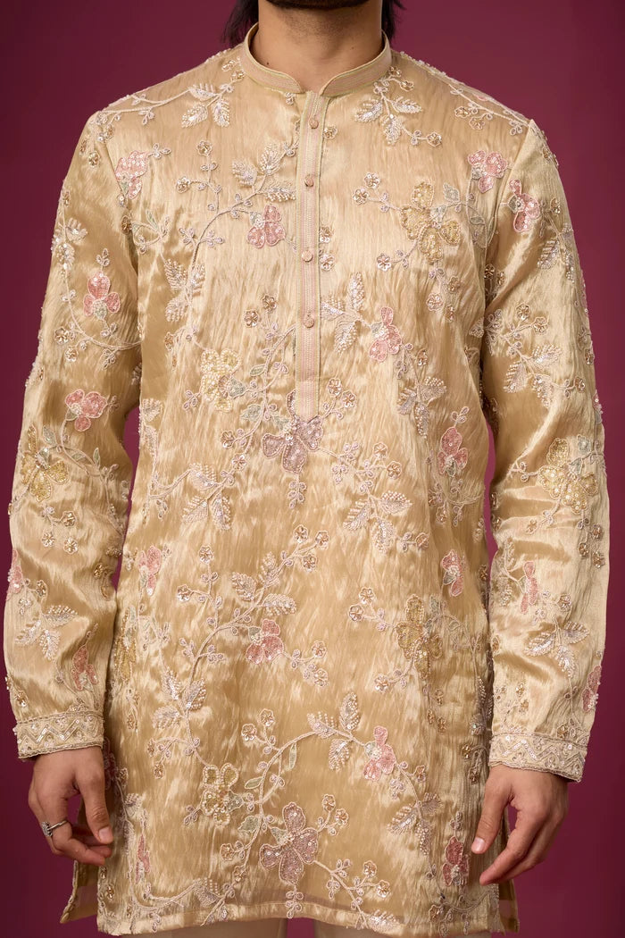Designer Beige Floral Elegant Ethnic Kurta – Side View | Mahavir NX