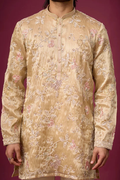 Designer Beige Floral Elegant Ethnic Kurta – Side View | Mahavir NX
