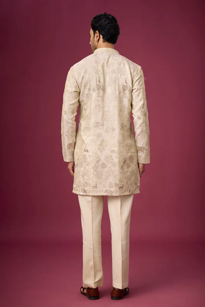 Champagne Beige Peacock Motif Kurta Pajama Set – Front View | Mahavir NX