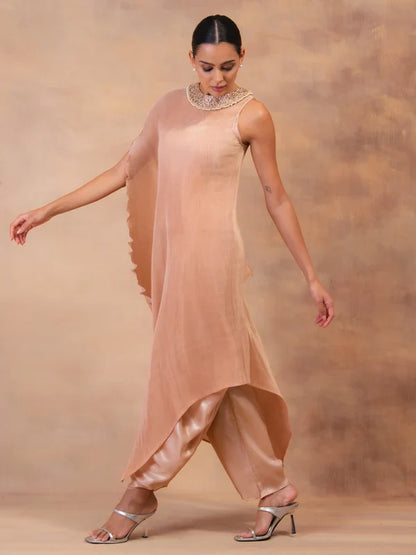 Champagne Muse Drape Tunic With Dhoti Pants
