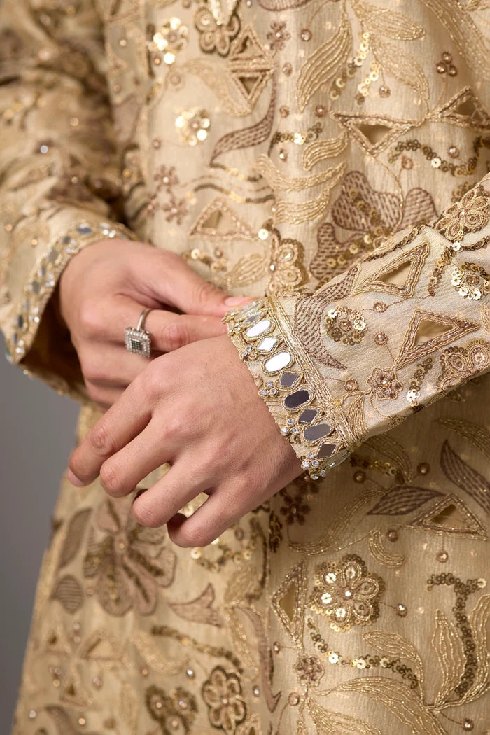 Champagne Floral Embellished Kurta Set for Men – Full Length View | Mahavir NX