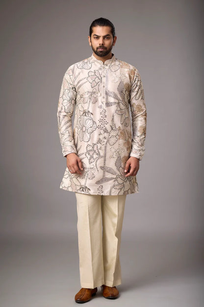 Champagne Floral Embroidered Kurta Set for Men | Mahavir NX