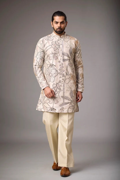 Large Botanical Floral Champagne Kurta – Wedding & Reception Wear | Mahavir NX