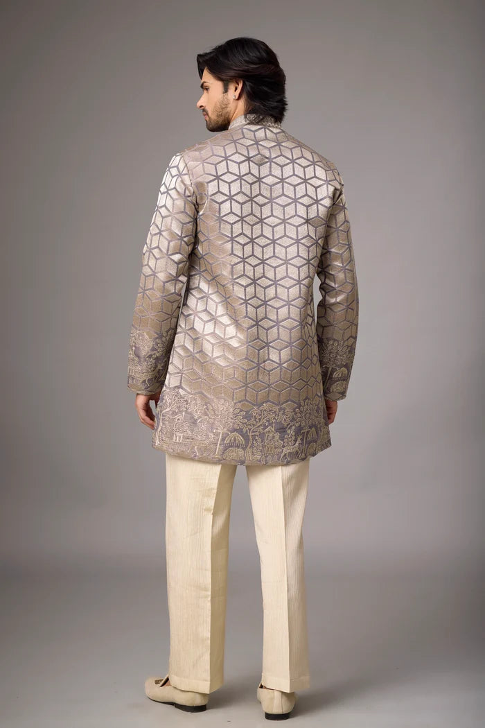 Champagne Geometric Kurta Pajama Set – Front View | Mahavir NX