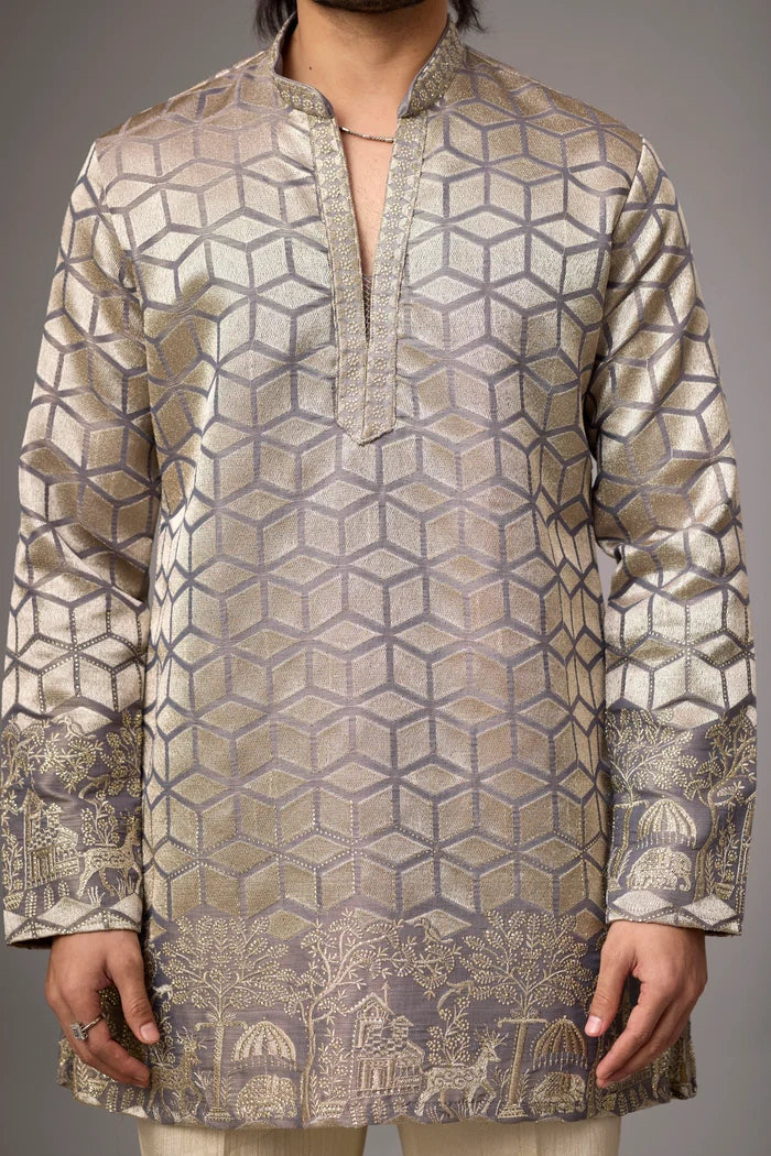 Luxury Honeycomb Embroidered Ethnic Kurta – Side View | Mahavir NX
