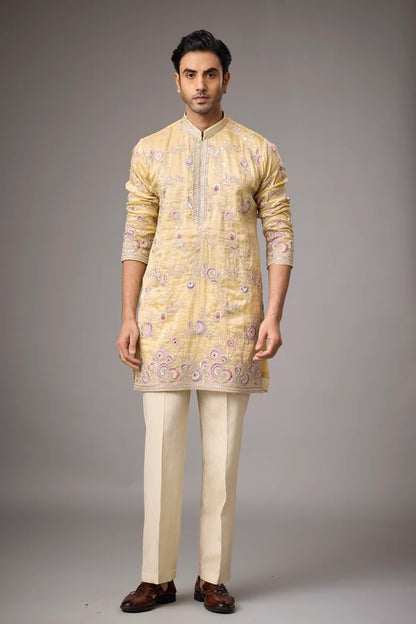 Champagne Gold Floral Embroidered Kurta Set for Men | Mahavir NX
