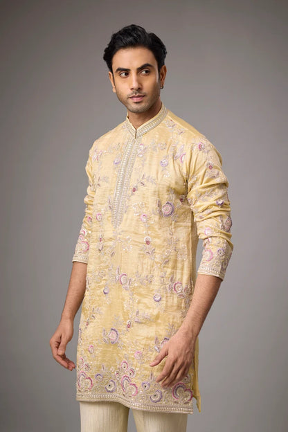 All-Over Floral Embroidered Champagne Kurta – Festive Wear | Mahavir NX