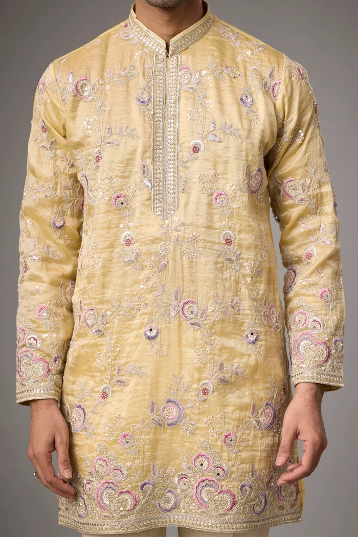 Designer Champagne Floral Ethnic Kurta – Side View | Mahavir NX