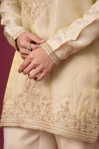 Champagne Gold Heritage Kurta Set for Men – Full Length View | Mahavir NX