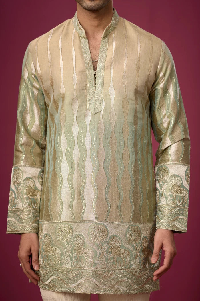 Tonal Woven Floral Hem Border Ethnic Kurta – Side View | Mahavir NX