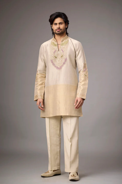 Champagne Paisley Heritage Embroidered Kurta Set for Men | Mahavir NX