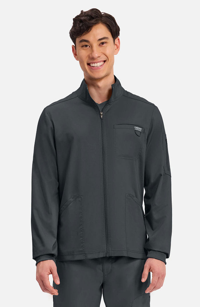 Men's Scrubs Jacket Zip Front Black Cherokee Workwear Revolution MDF Instruments WW320