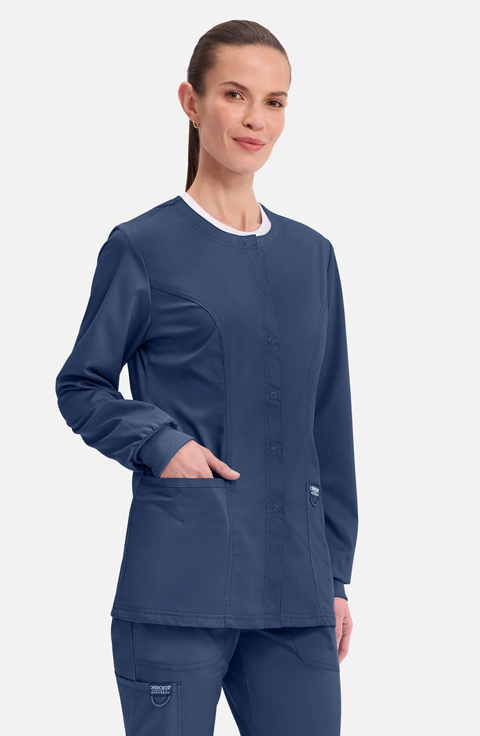Women's Scrubs Jacket Button Front Navy Cherokee Workwear Revolution MDF Instruments WW310