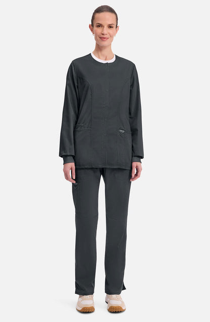 Women's Scrubs Jacket Button Front Black Cherokee Workwear Revolution MDF Instruments WW310