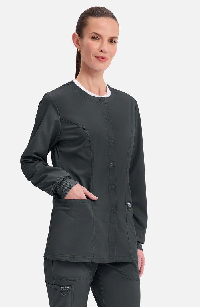 Women's Scrubs Jacket Button Front Black Cherokee Workwear Revolution MDF Instruments WW310