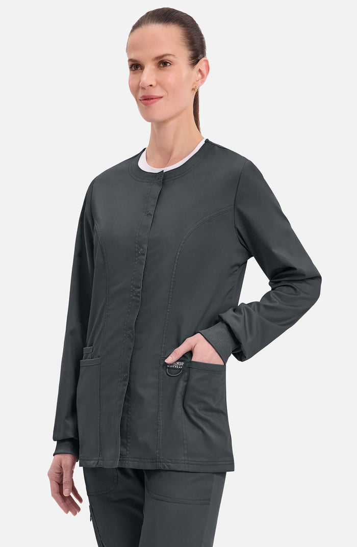 Women's Scrubs Jacket Button Front Black Cherokee Workwear Revolution MDF Instruments WW310