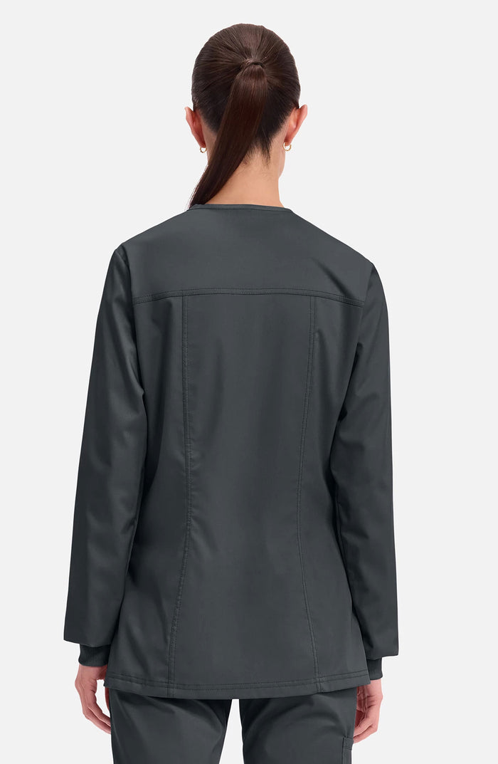 Women's Scrubs Jacket Button Front Black Cherokee Workwear Revolution MDF Instruments WW310