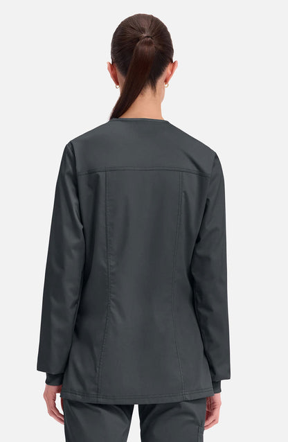 Women's Scrubs Jacket Button Front Black Cherokee Workwear Revolution MDF Instruments WW310
