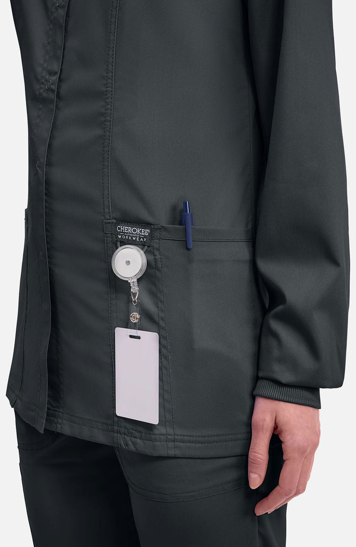 Women's Scrubs Jacket Button Front Black Cherokee Workwear Revolution MDF Instruments WW310