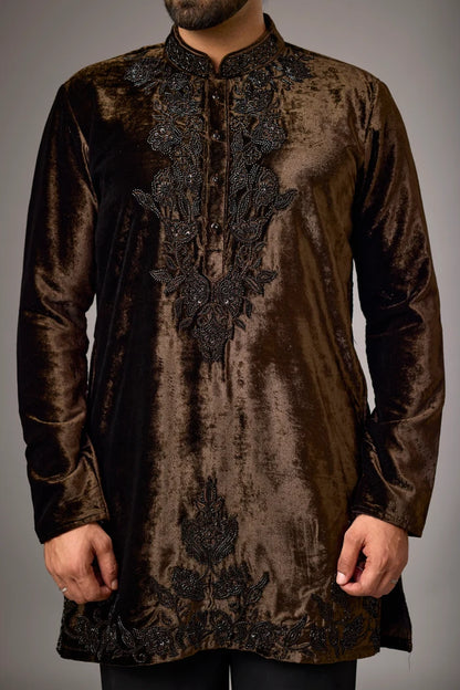 Chocolate Brown Velvet Kurta Pajama Set for Men – Front View | Mahavir NX