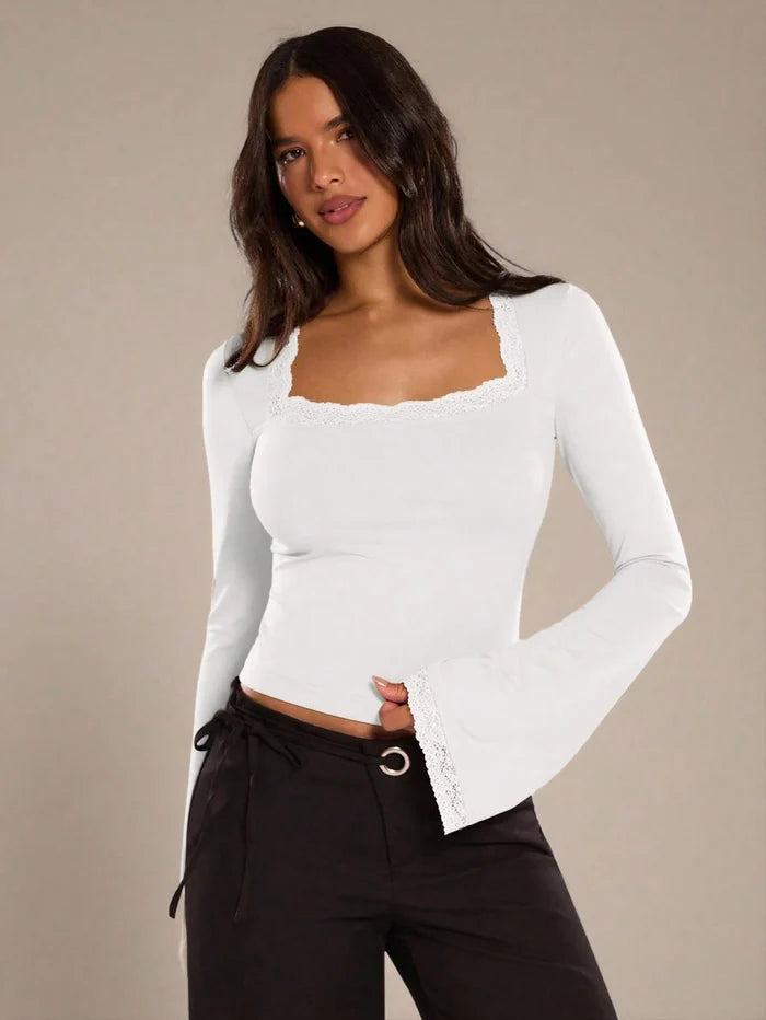 CONTRAST LACE SQUARE NECK FLARE SLEEVE TOP