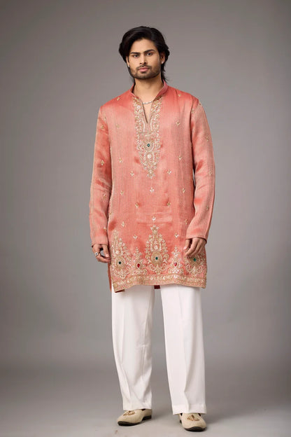 Festive Wear for Men – Coral Peach Regal Embroidered Kurta Set | Mahavir NX