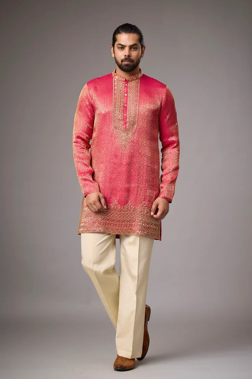 Coral Pink Regal Brocade Kurta Set for Men | Mahavir NX