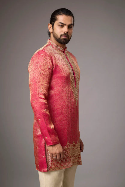 Coral Pink Tonal Brocade Kurta – Diwali & Wedding Wear | Mahavir NX