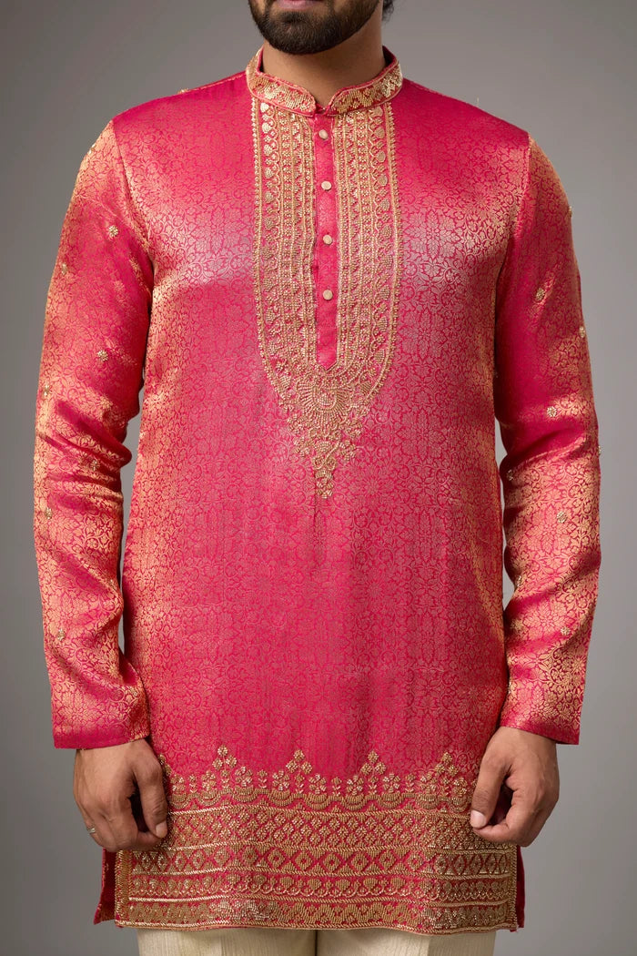 Designer Coral Pink Brocade Ethnic Kurta – Side View | Mahavir NX