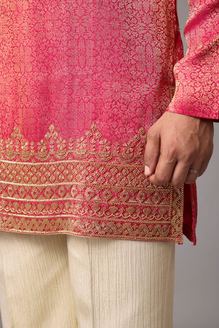 Coral Pink Regal Brocade Kurta Set for Men – Full Length View | Mahavir NX