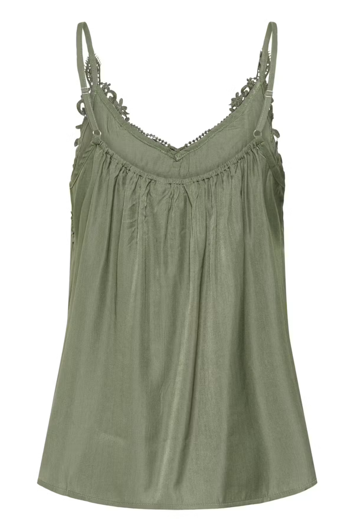 Shop the Cream CRAnna Top in Java at Dotique. A lace-trim V-neck cami with adjustable straps and a flattering fit, perfect for layering or wearing alone.