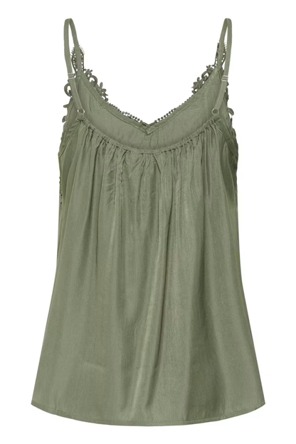 Shop the Cream CRAnna Top in Java at Dotique. A lace-trim V-neck cami with adjustable straps and a flattering fit, perfect for layering or wearing alone.