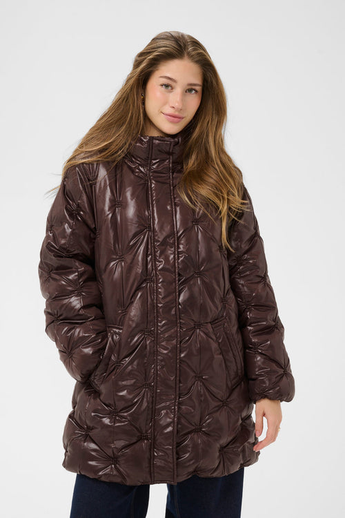 Cream CRDrakie midi quilted jacket in Coffee Bean with a gathered quilted finish, hood, high collar and concealed front fastening.