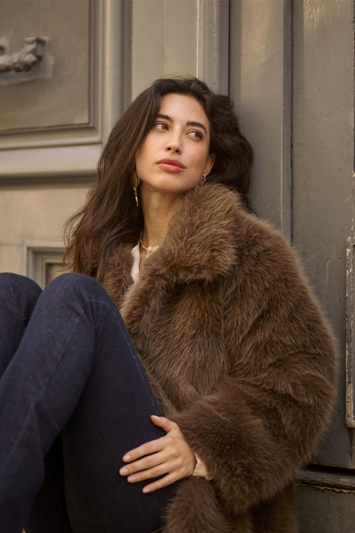 Cream CRDrama faux fur jacket in Shaved Chocolate brown with a relaxed fit, classic collar and concealed front fastening.