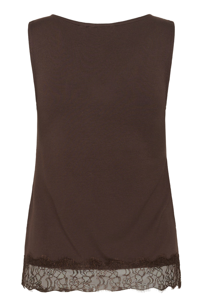 Cream 10615546 CrAlvaia Jersey Lace Top Java brown lace hem top Shop Cream at Dotique